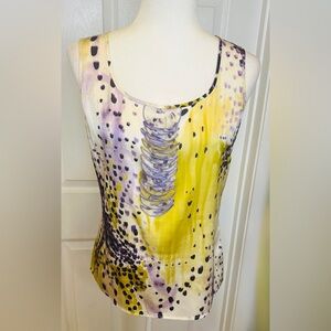 St. John Blouse Yellow Purple Satin Silk Sleeveless Scoop Neckline Top Large